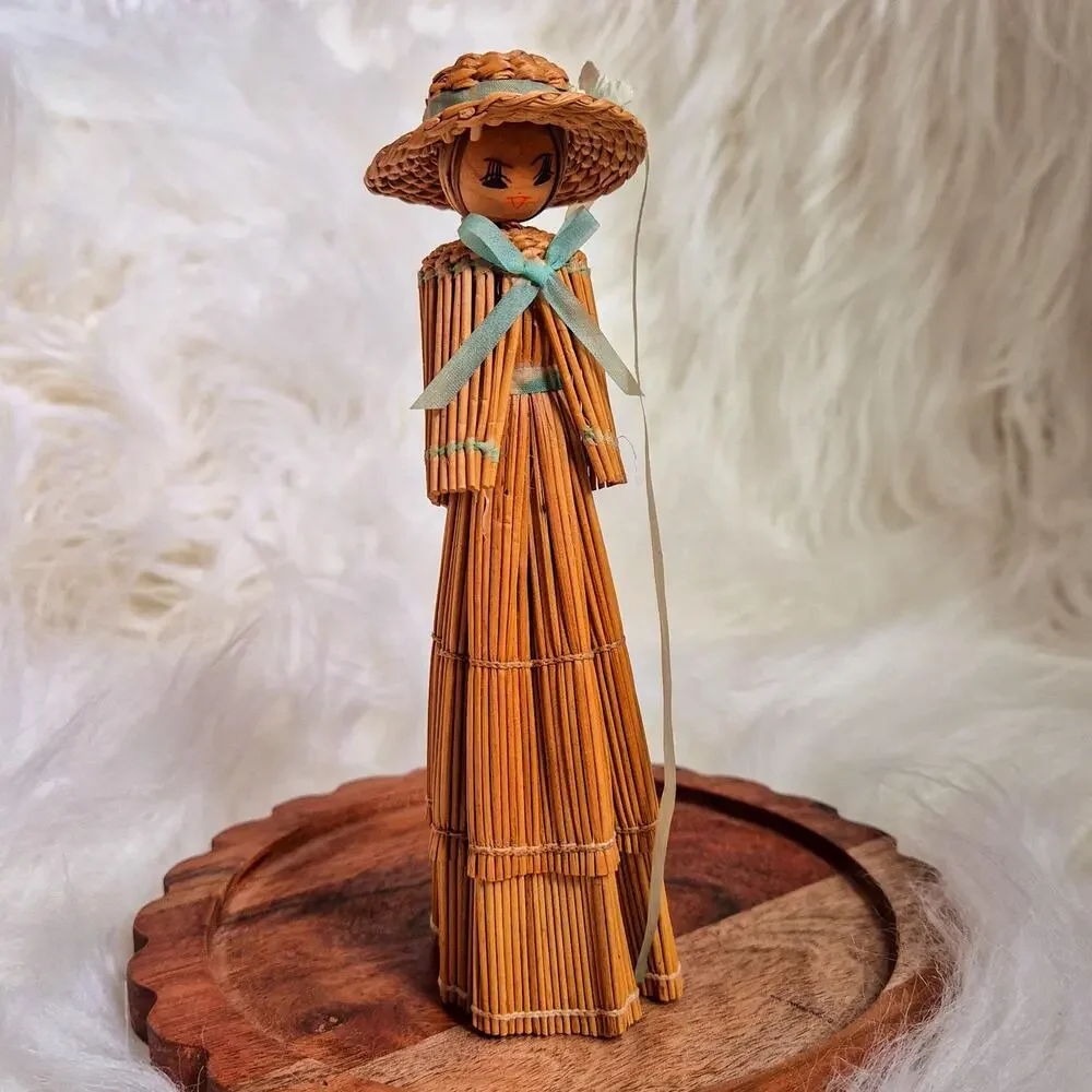 Straw Doll Figurine Woman in Dress Hat Shawl Hand Painted Folk Art Decor